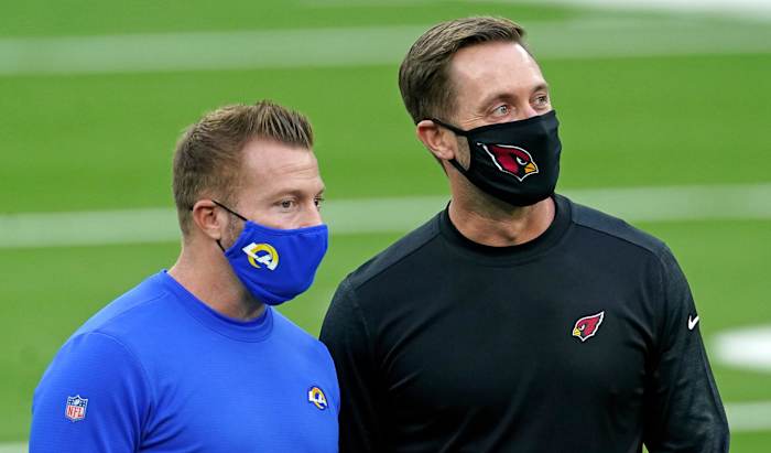 Los Angeles Rams coach Sean McVay, left, and Arizona Cardinals coach Kliff Kingsbury